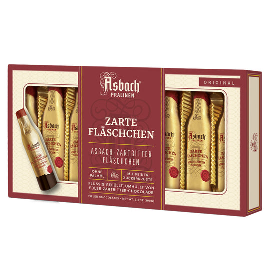 Dark Chocolate Candy Box “ASBACH 8 DARK CHOCOLATE BOTTLES”, Reber, 100g / 3.53oz
