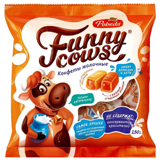 Milk Candies with Condensed Milk "Funny Cows", Pobeda, 250g/ 8.82 oz