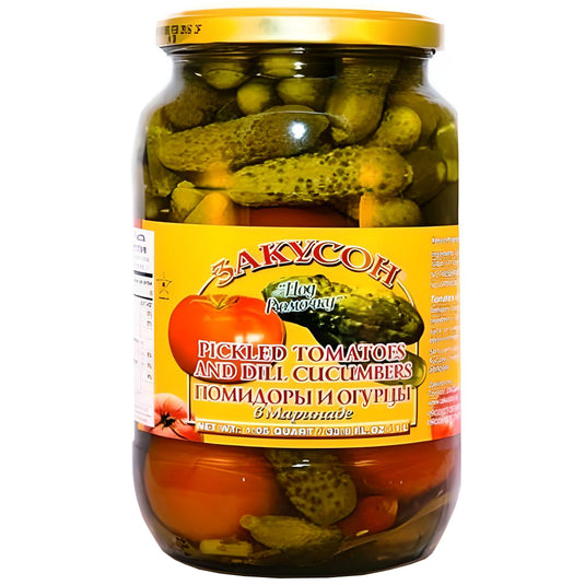Marinated Tomatoes and Dill Cucumbers, Zakuson, 33.8 oz/ 1 liter