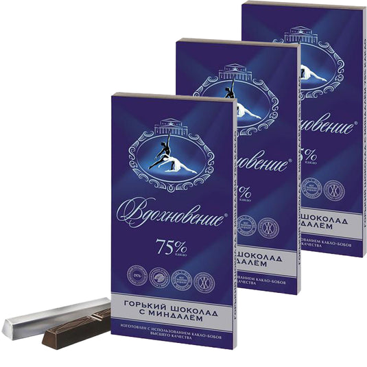 Pack of 3 Russian Bitter Chocolate Sticks with Almonds, Inspiration, 100g * 3