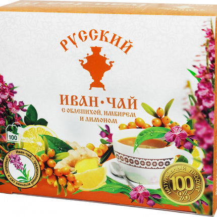 Russian Fireweed Ivan-Tea w/Sea Buckthorn, Ginger and Lemon, 100 tea bags with a label, 150 g/ 0.33 lb