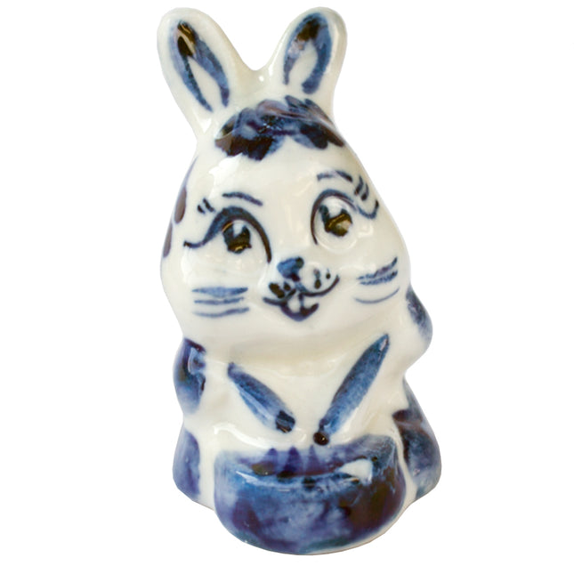 Easter Ceramic Figurine Blue Gzhel Mini Bunny with Drum 2.1"
