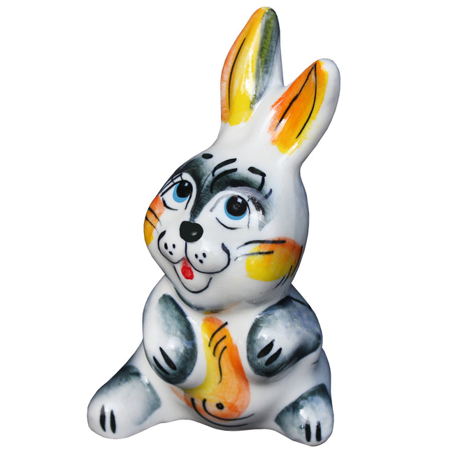 Easter Ceramic Figurine Colorful Gzhel Playful Bunny 4.13"