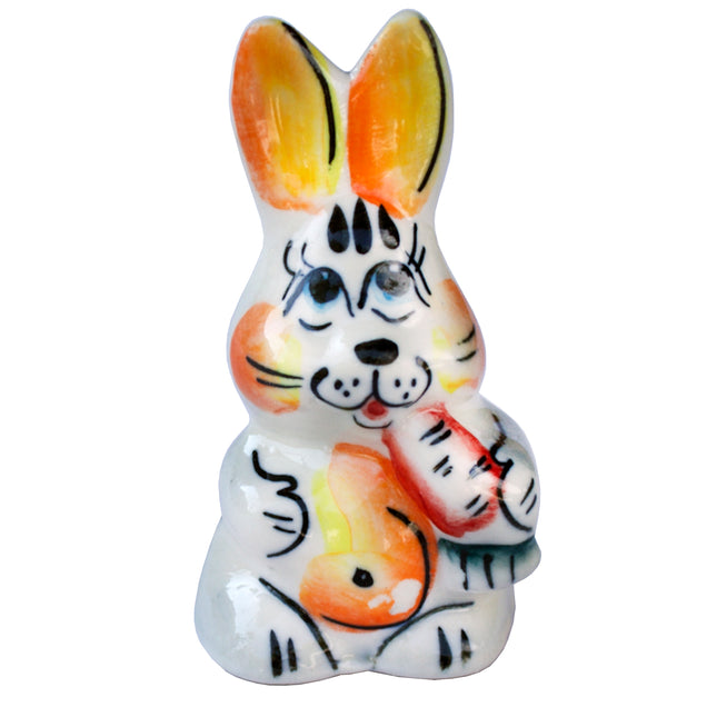 Easter Ceramic Figurine Gzhe Rabbit with Carrot, 3.9"