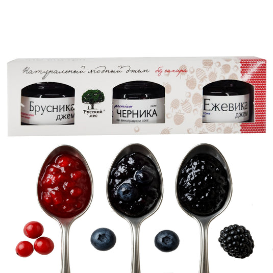 Assorted Mini Jams Lingonberries, Blackberries, Blueberries, SUGAR FREE, Russian Forest, 25g x 3