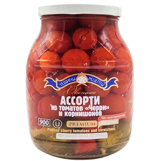 Assorted Pickled Cherry Tomatoes & Gherkins, Tescha's Recipes, 840g/ 29.63oz