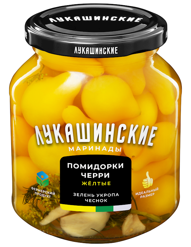 Yellow cherry tomatoes Lukashinskie with garlic, 340g