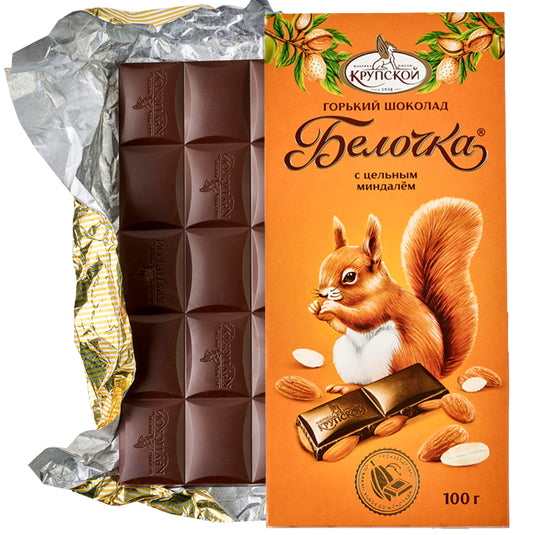 Dark Chocolate with Whole Almonds "Belochka", Krupskaya CF, 100g / 3.53 oz