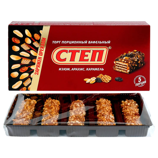 Portioned Waffle Cake with Delicate Caramel, Peanuts & Raisins "STEP MIX", 200g/ 7.05 oz
