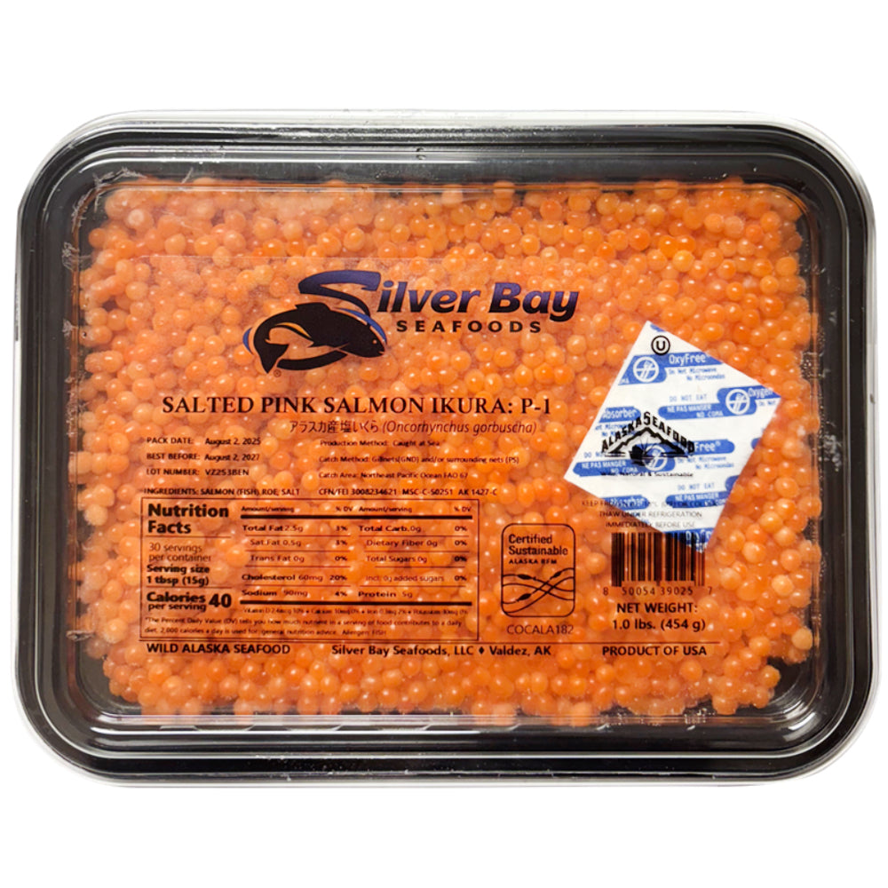 Pink Fish Roe Wild Pink Salmon Ikura P-1 Grade, Large-Pearl Roe, Low-Salt Cure 454g