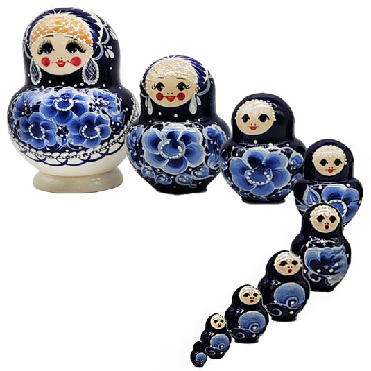 Matryoshka Nesting Doll "Gzhel", Height 15cm, 8 Dolls