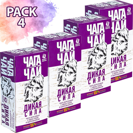Pack 4 Chaga-Tea with Fermented Fireweeds & Rosehip "Wild Power", Russian Ivam Tea, 20 sachets x 4