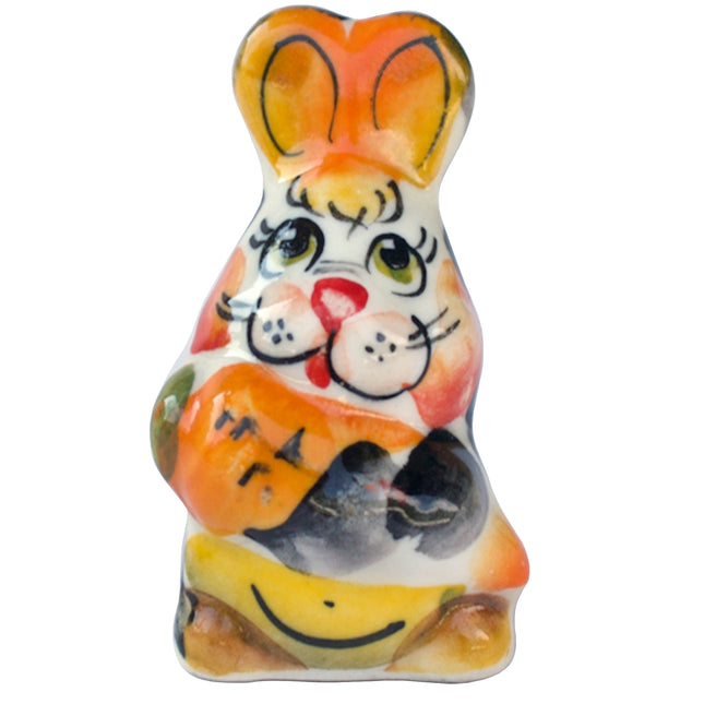 Easter Ceramic Figurine Gzhel Little Rabbit with Carrot, 1.7"