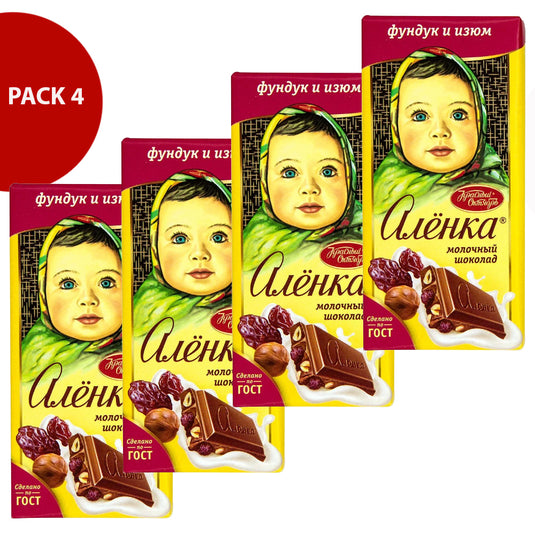Pack 4 Alenka Milk Chocolate with Hazelnut and Raisin, 75g x 4