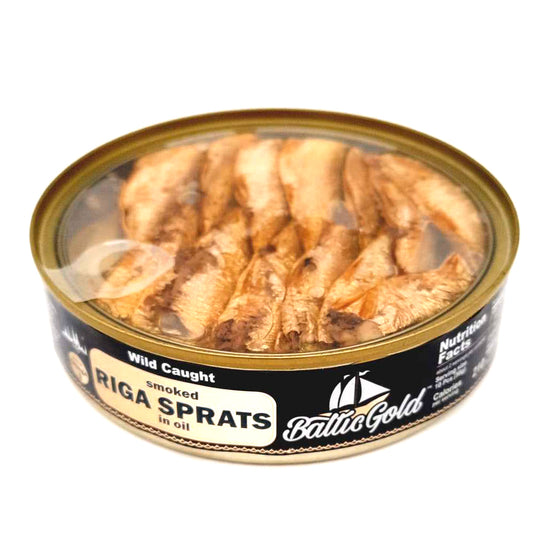 Riga Sprats in Oil, Clear Top, 160 g / 0.35 lb