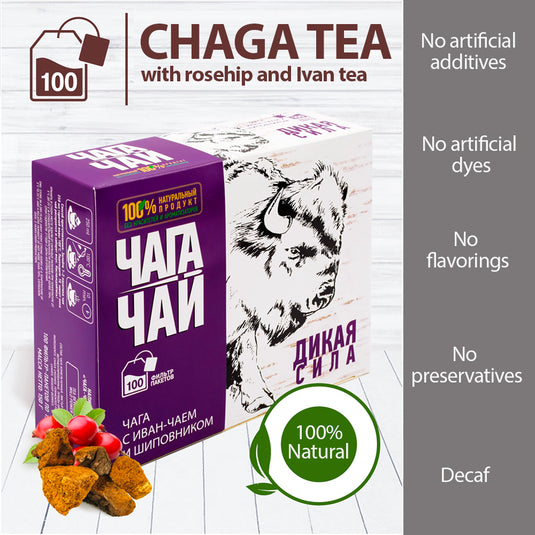 Pack 2 Chaga Tea Drink with Rosehip & Ivan Tea "Wild Power", 100 tea bags x 2